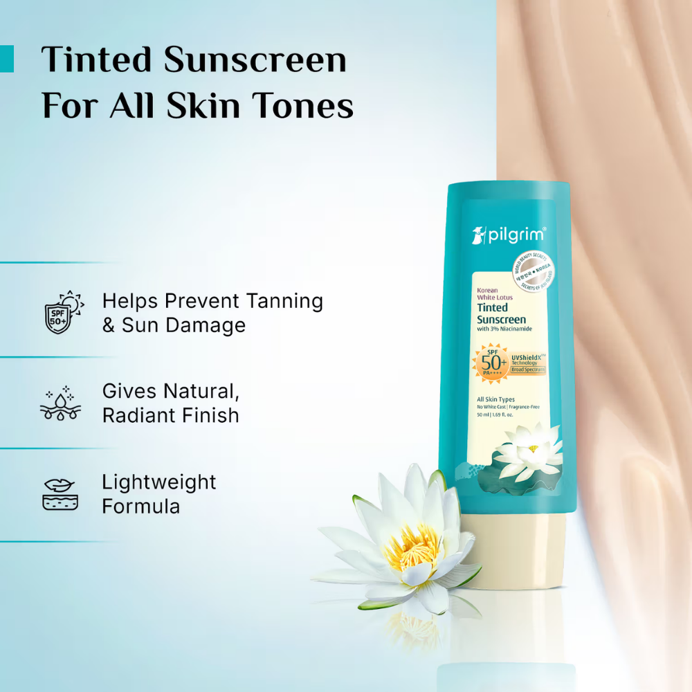 Pilgrim Korean White Lotus Tinted Sunscreen SPF 50+ PA++++ With 3% Niacinamide