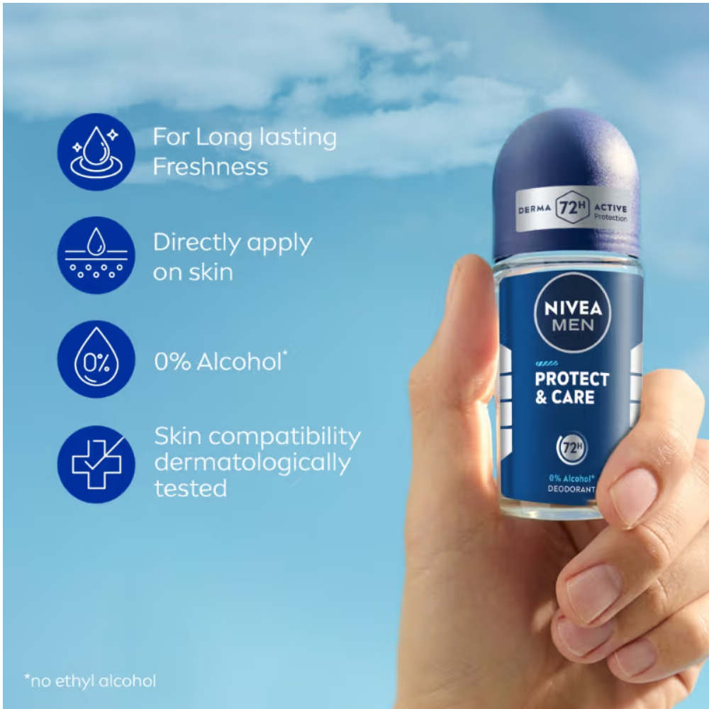 NIVEA MEN Deodorant Roll On, Protect & Care, No Skin Irritation & 48h Freshness