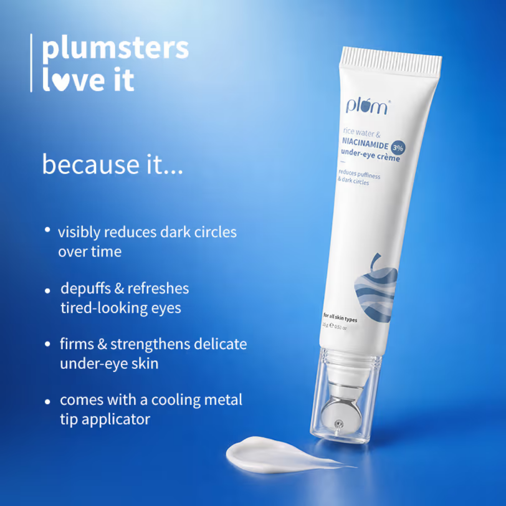 Plum Rice Water & Niacinamide 3% Under-Eye Crème, with Peptides Ceramides & Caffeine
