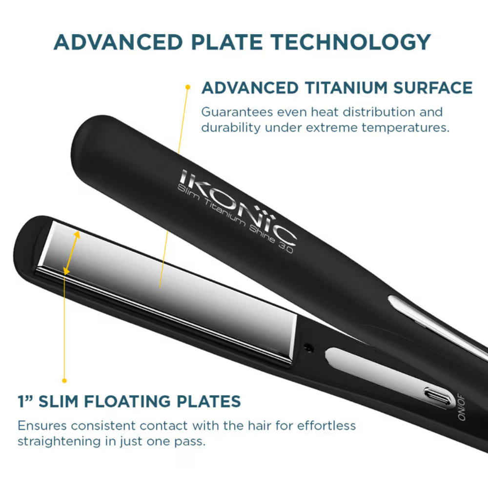 Ikonic Professional Slim Titanium Shine 3.0 Hair Straightener - Black