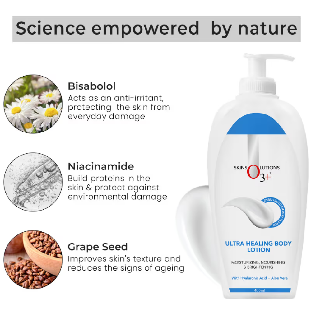 O3+ Ultra Healing Brightening Body Lotion Moisturiser With Hyaluronic Acid & Aloe Vera
