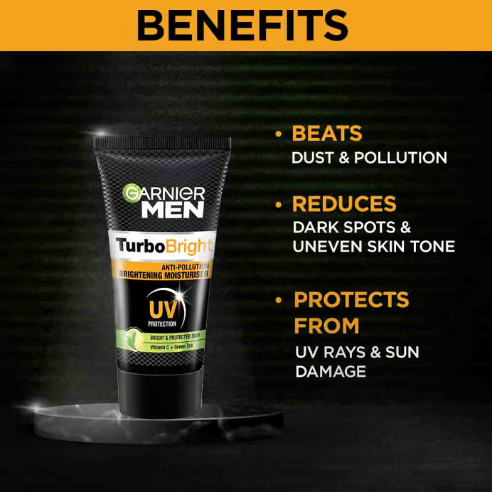 Garnier Men Moisturiser Brightening And Anti-Pollution, UV Protection, TurboBright, Lightweight Moisturiser