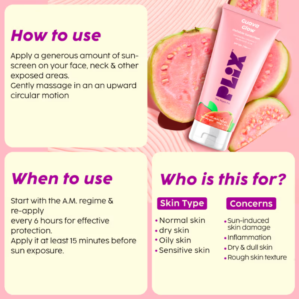 PLIX SPF 50+ Guava Glow Invisible Sunscreen Gel For UV A, UV B Protection with Ceramides and Vit C
