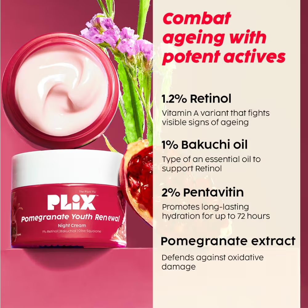 Plix 1.20% Retinol & 1% Bakuchi Oil Pomegranate Anti Ageing Night Cream, Reduce Fine Line & Wrinkles