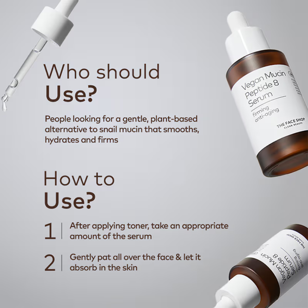 The Face Shop Alltimate Vegan Mucin Peptide 8 Serum - No Snails, Korean, Anti Aging, Hydrating