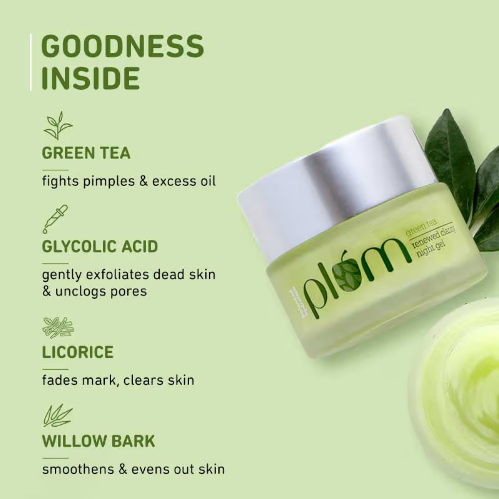 Plum Green Tea Night Gel Cream With Glycolic Acid, Fights Acne For Clear,Oil-Free,YouthfulSkin