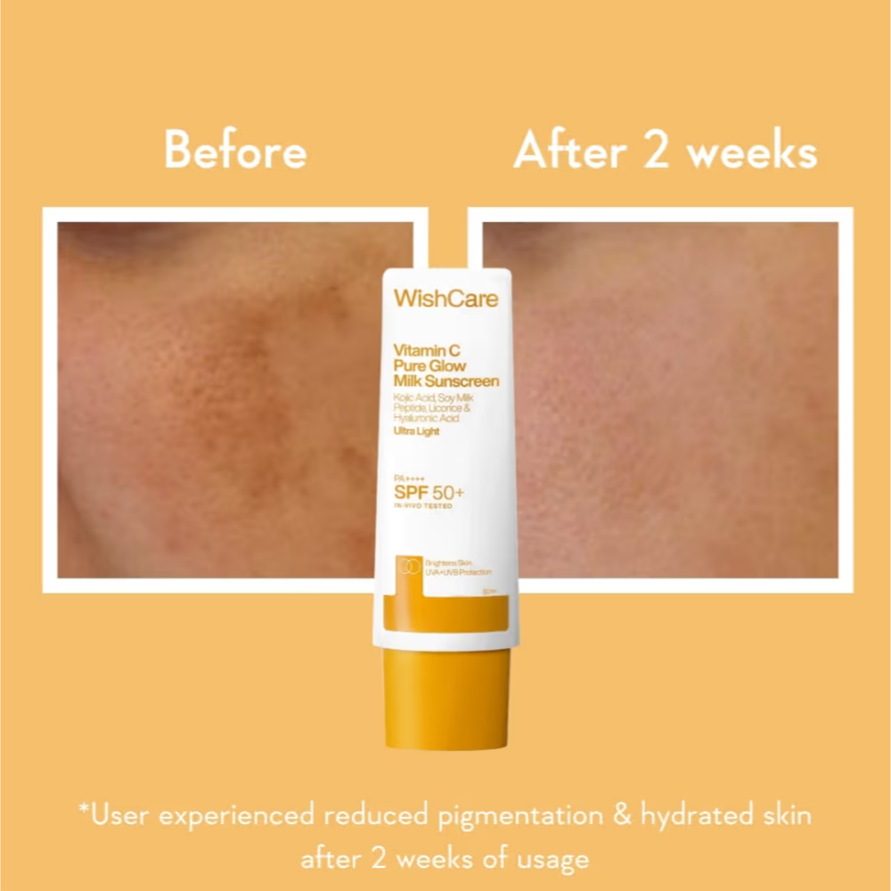 WishCare Vitamin C Pure Glow Brightening Face Sunscreen for Dry Skin with SPF50 PA++++In-Vivo Tested