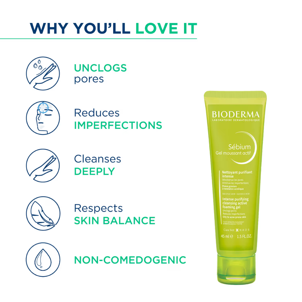Bioderma Sebium Gel Moussant Actif Cleanser with Salicylic & Glycolic Acid for Acne Prone, Oily Skin