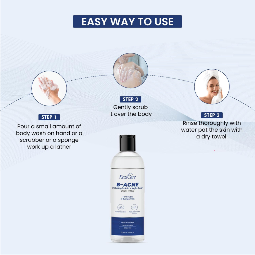 Kozicare Soap B - Acne Body Wash Gel | Kojic Acid Body Wash | Acne Shower Gel for Men & Women | Reduces Dark Spots, Cleanses Skin & Exfoliates Acne | Salicylic Acid Body Wash | For All Type of Skin
