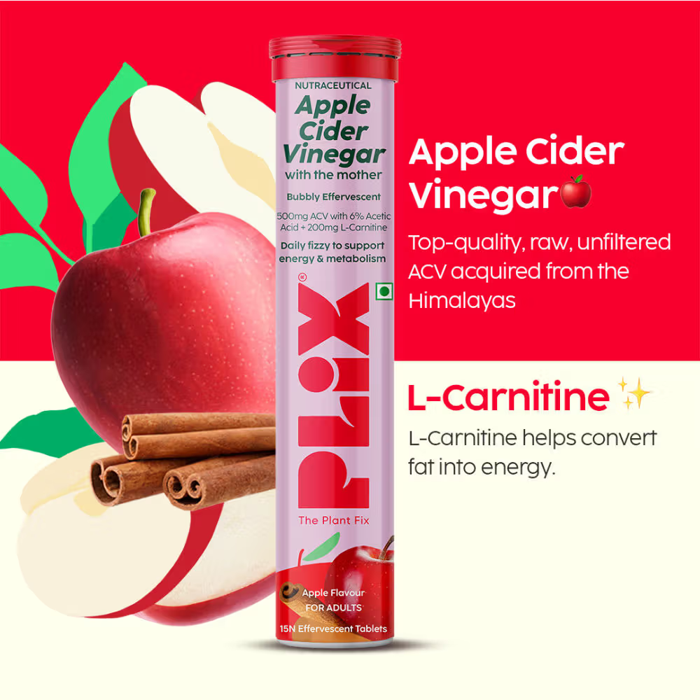 Plix ACV Apple Cider Vinegar L-carnitine Effervescent Tablets Convert Fat Into Energy Vit B6 & B12