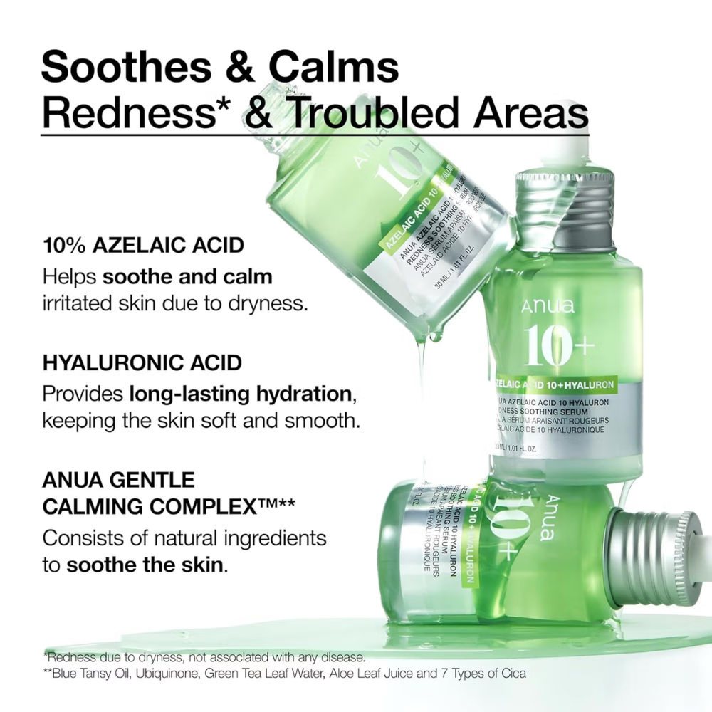 Anua Azelaic Acid 10 Hyaluron Redness Soothing Serum with Cica Soothes & Calms Acne-Prone Skin