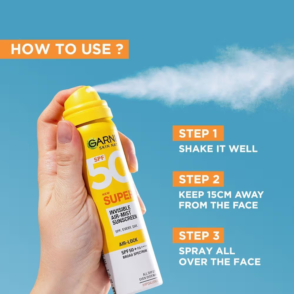 Garnier Super UV Invisible Air Mist Spray Sunscreen SPF50 PA++++ For UVA/B, Over Makeup Spray, No White Cast