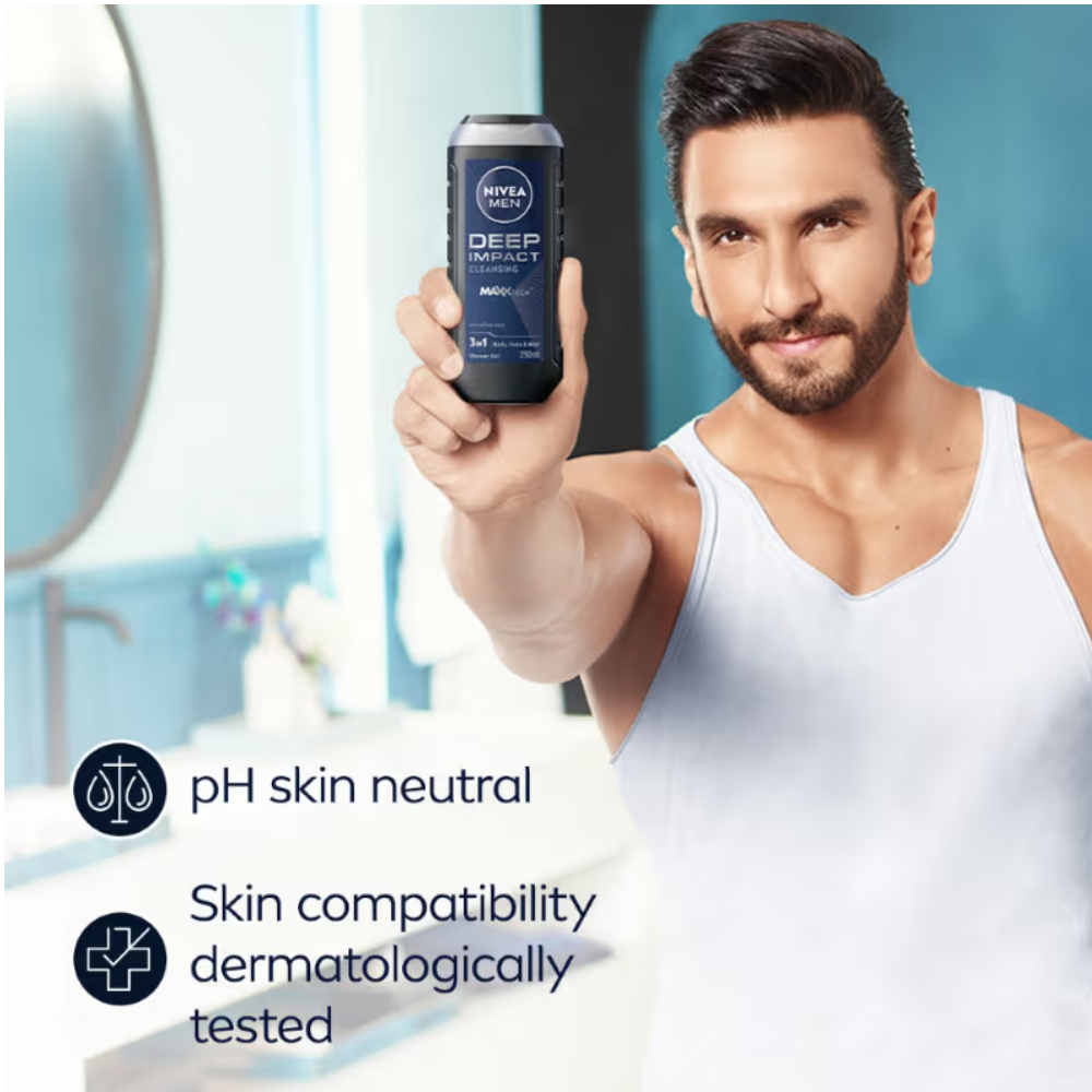 NIVEA MEN Body Wash, Deep Impact, 3 in 1 Shower Gel for Body, Face & Hair, with Microfine Clay