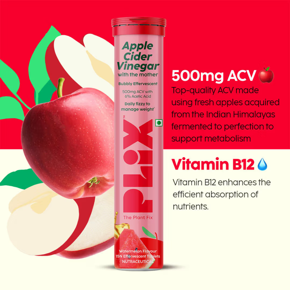 Plix Apple Cider Vinegar Effervescent Tablet with Vitamin B6 & B12 - Watermelon