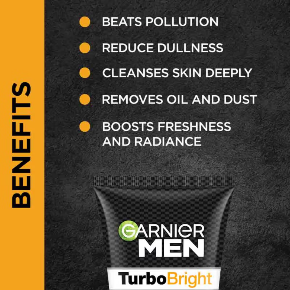 Garnier Men Turbo Bright Double Action Face Wash, Deep Cleansing Anti Pollution Face Wash