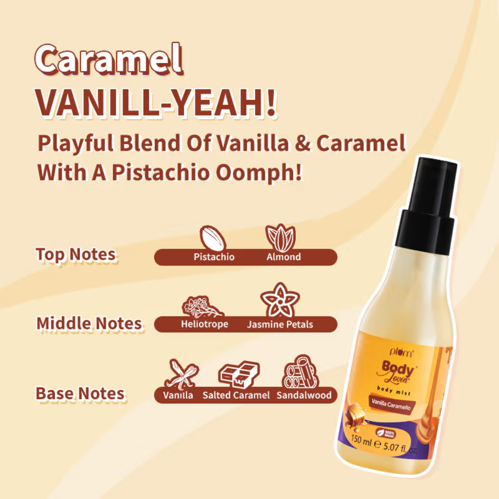 Plum Body Lovin Vanilla Caramello Body Mist For A Long Lasting Warm Caramel Fragrance