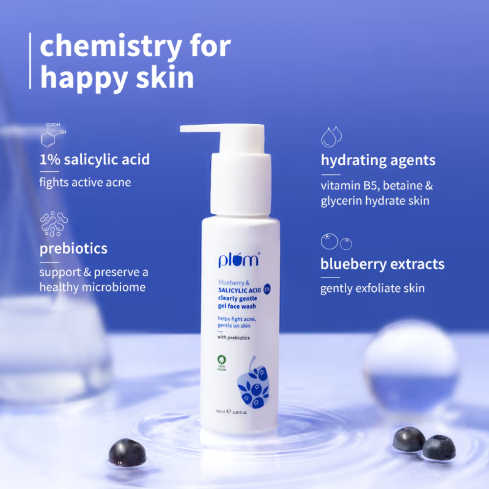 Plum 1% Salicylic Acid & Blueberry Clearly Gentle Gel Face Wash, For Acne Prone & Oily Skin