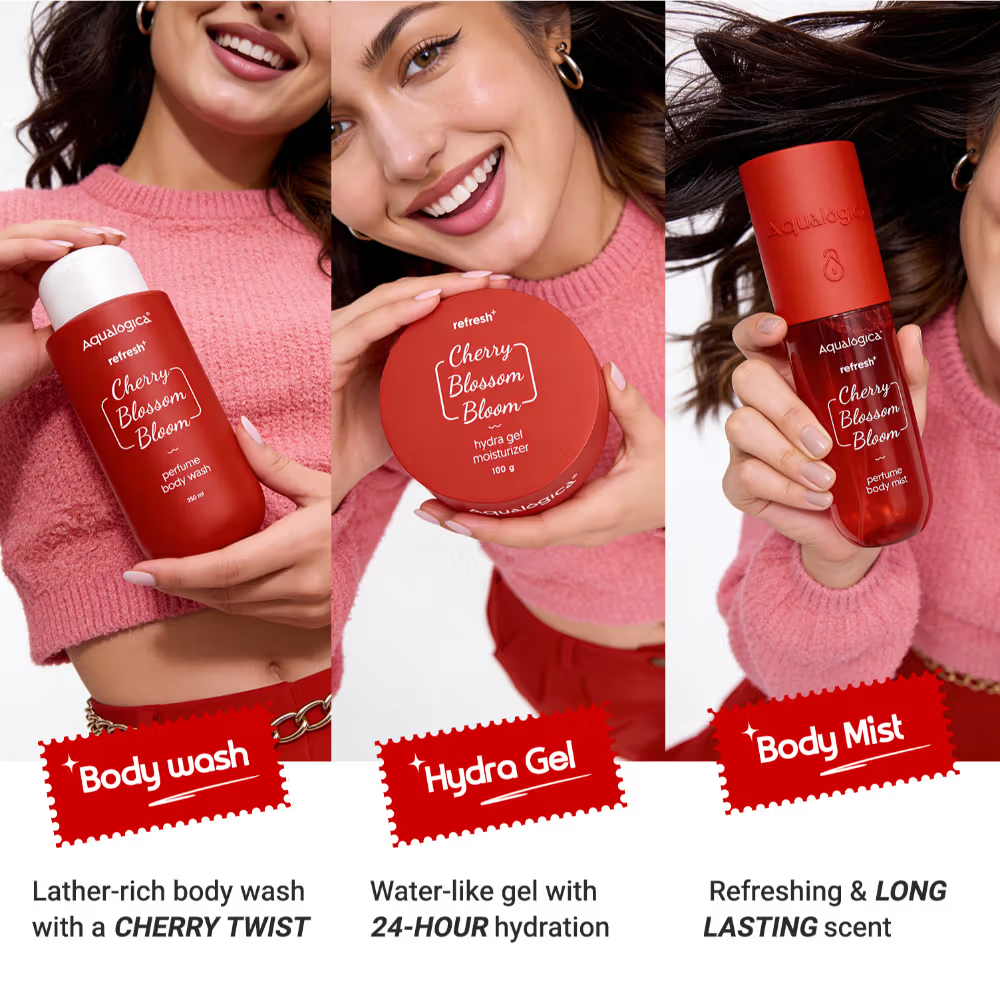 Aqualogica Cherry Blossom Bloom: Body Wash, Hydra Gel, Mist + Sling Bag & Charms Hot Girl Essentials