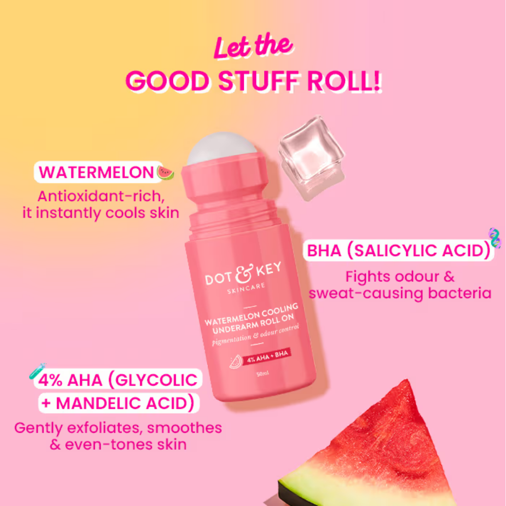 Dot & Key Watermelon Cooling Underarm Roll On, Pigmentation & Odour Control, With 4% AHA & BHA