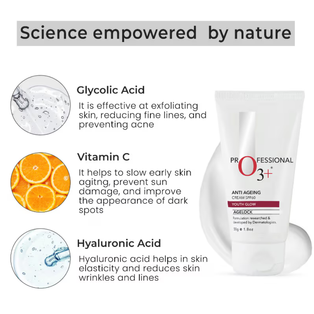 O3+ Agelock Anti Ageing Youth Glow Sunscreen Cream SPF 60