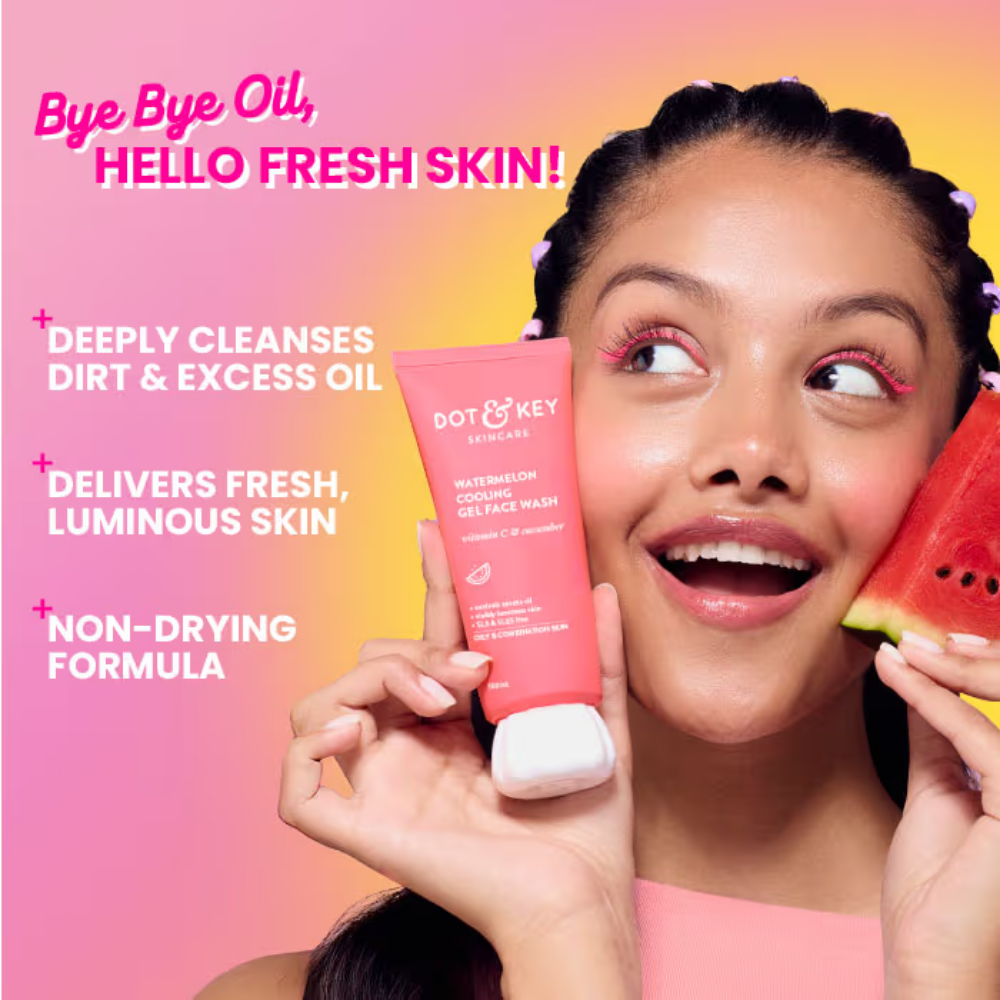 Dot & Key Watermelon Cooling Gel Face Wash, Vitamin C & Cucumber, Controls Excess Oil, Non-Drying