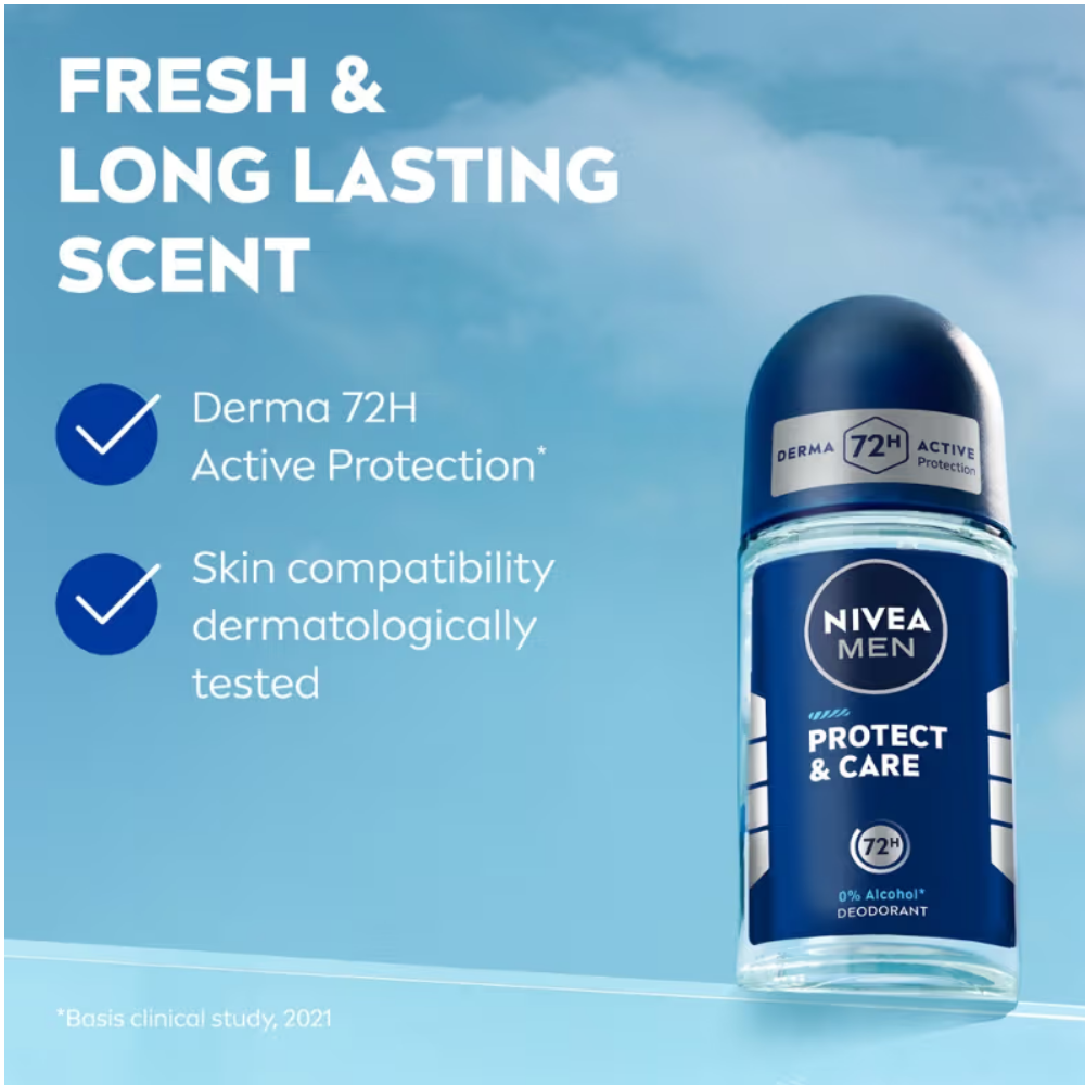 NIVEA MEN Deodorant Roll On, Protect & Care, No Skin Irritation & 48h Freshness
