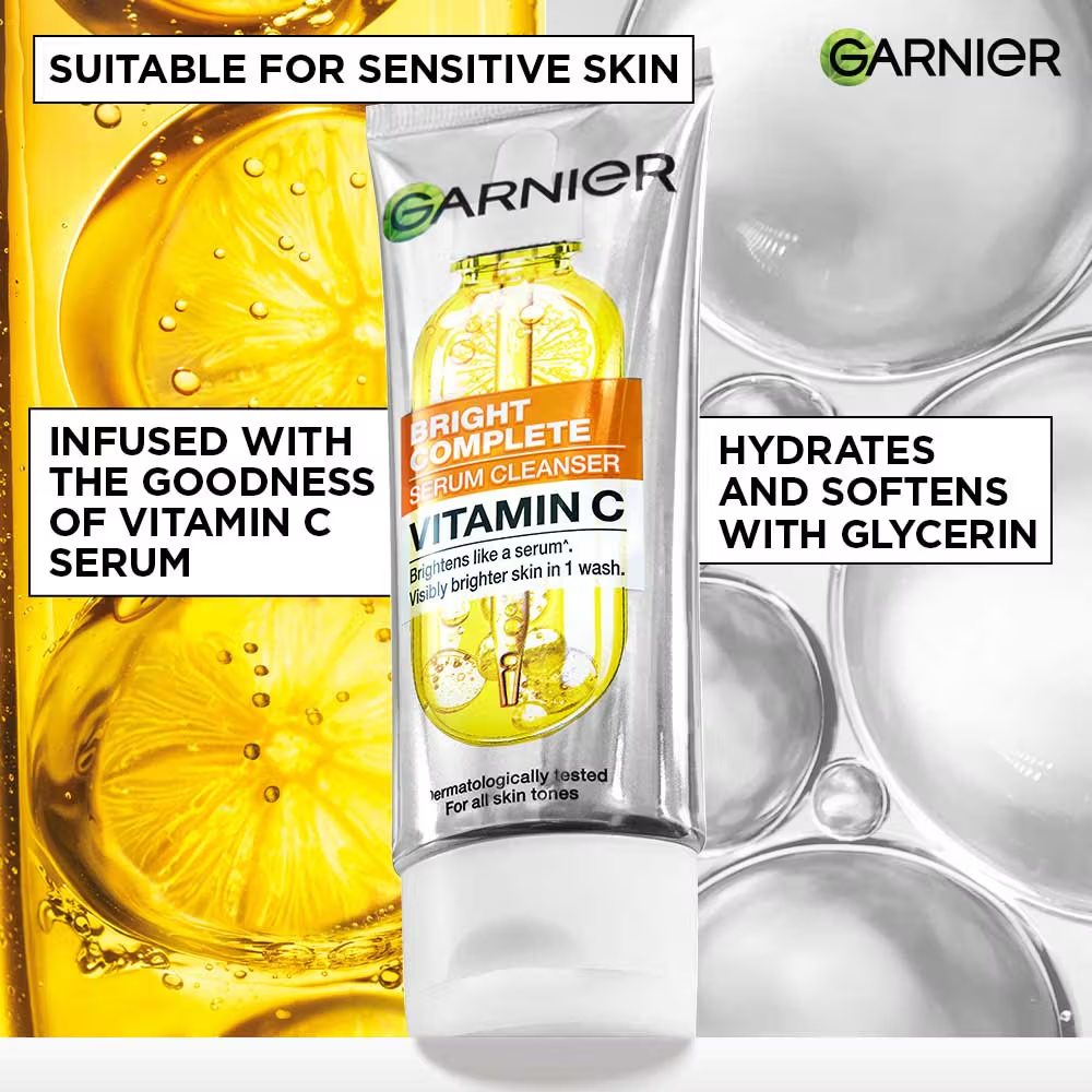 Garnier Vitamin C+ Serum Face Wash Brightening & Tan Removal Gentle Cleanser For All Skin Types