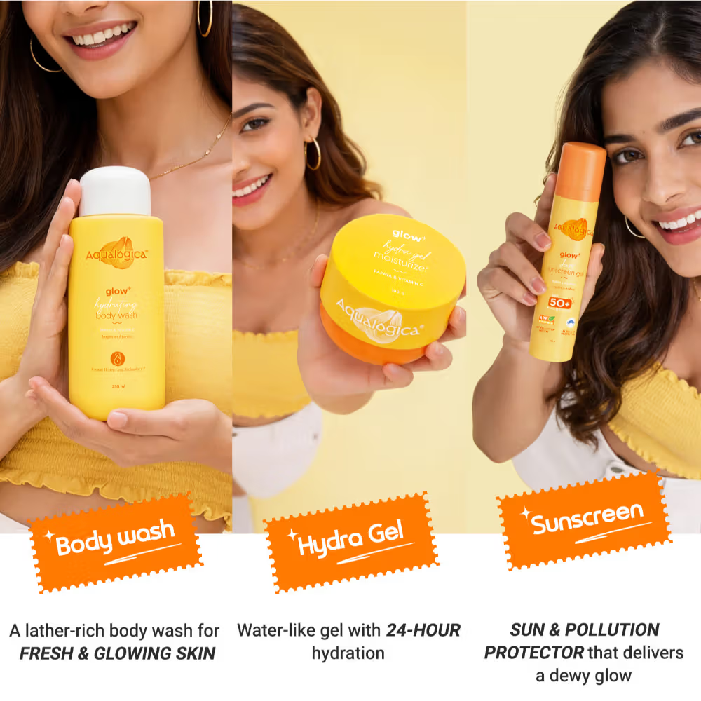 Aqualogica Born To Glow Kit - Body wash , hydra gel & sunscreen with sling bag & charms