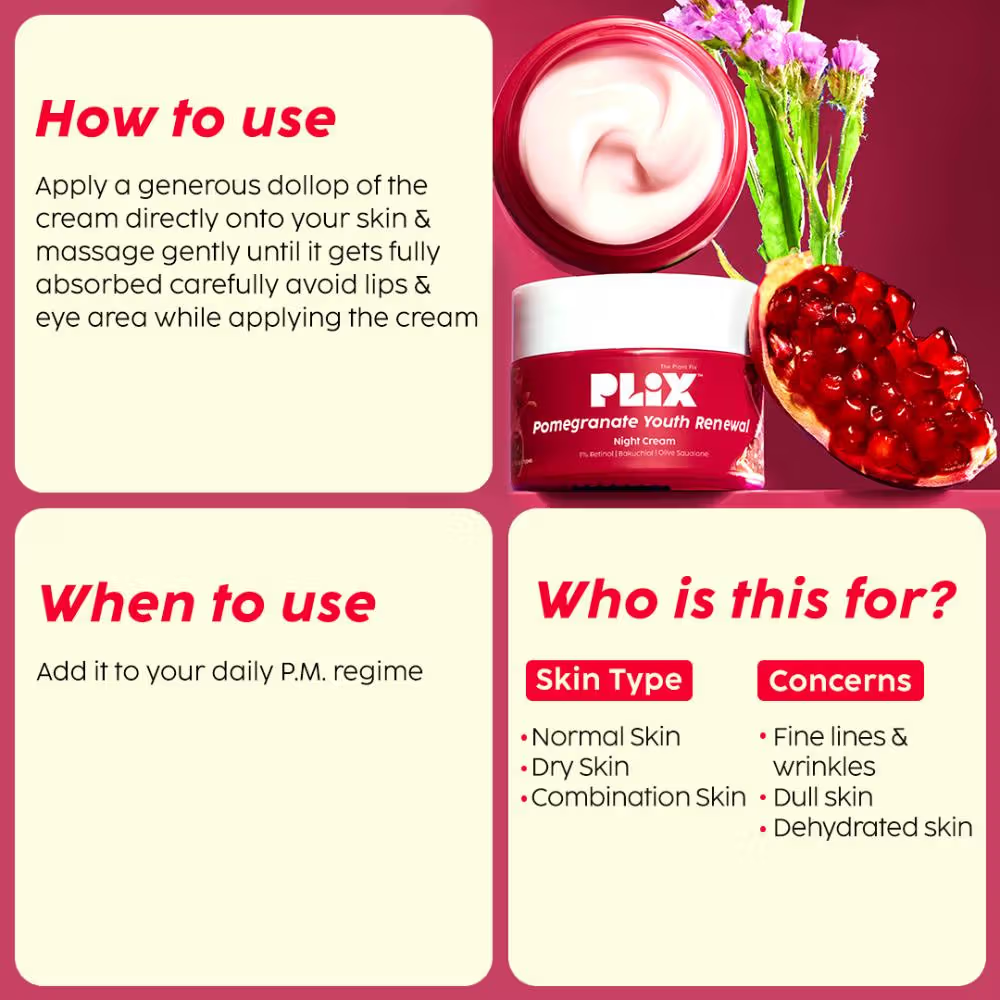 Plix 1.20% Retinol & 1% Bakuchi Oil Pomegranate Anti Ageing Night Cream, Reduce Fine Line & Wrinkles