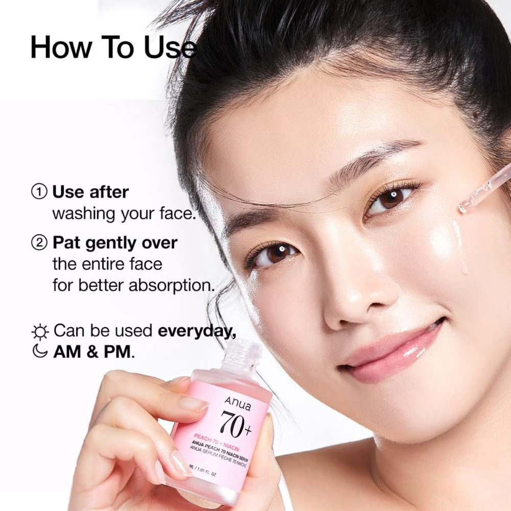 Anua Peach 70 Niacin Serum with 5% Niacinamide for Glass Skin, Brightens Skin & Minimizes Pores