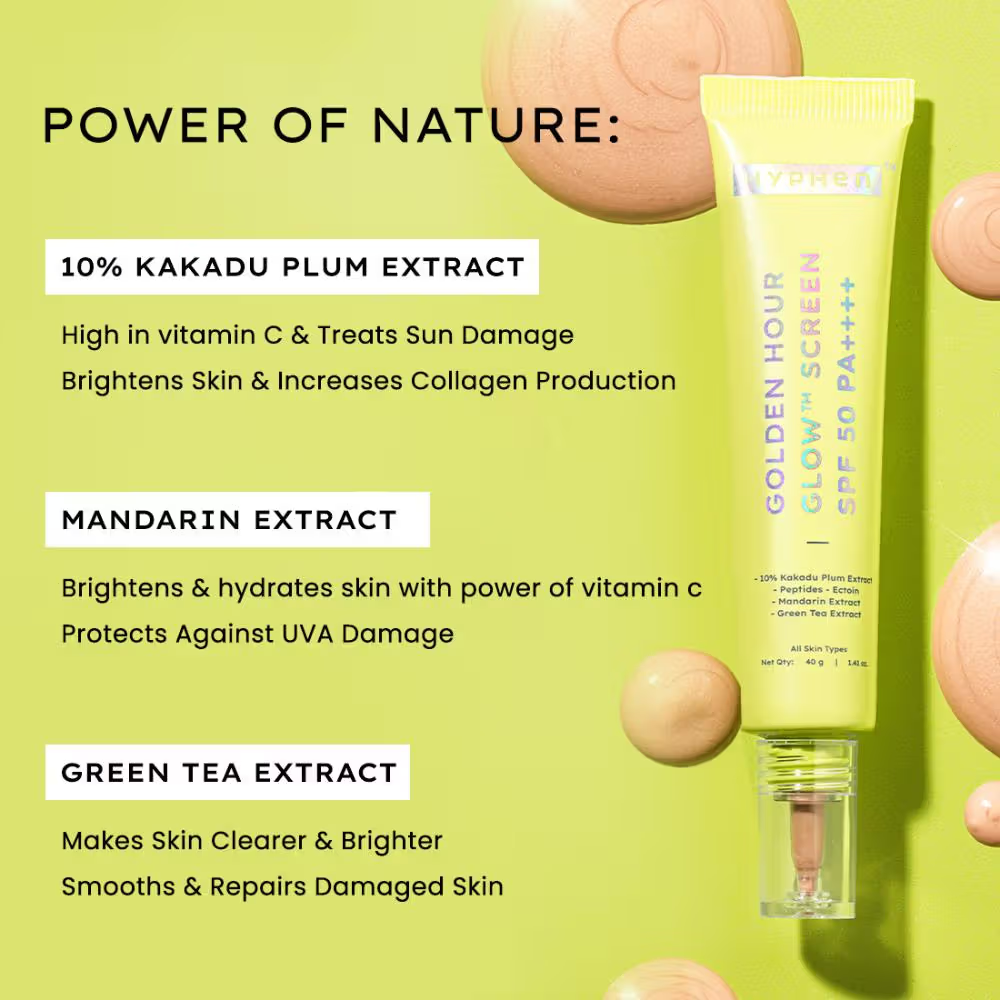 Hyphen Golden Hour Glow Sunscreen SPF 50 PA++++ for Dewy & Bright Skin High UVA/B Protection