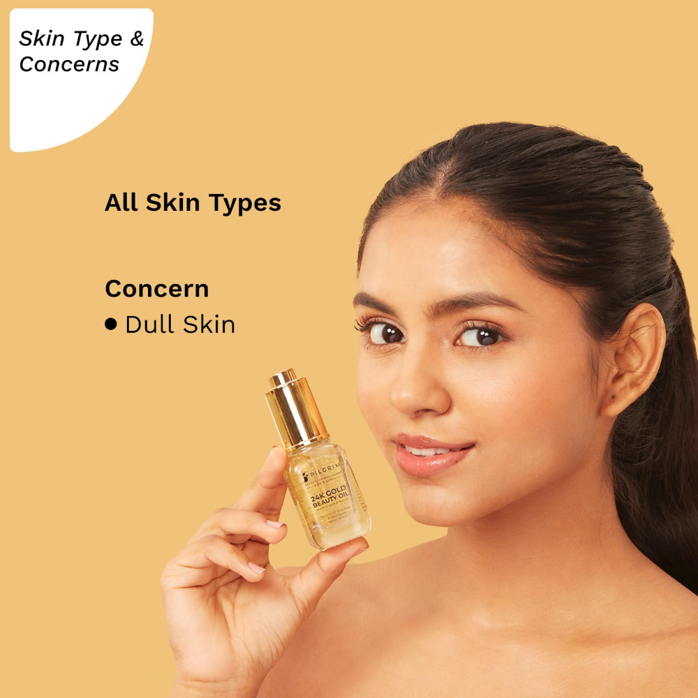 Pilgrim 24K Gold Beauty Oil for glowing skin, deep nourishing, anti aging, make up primer