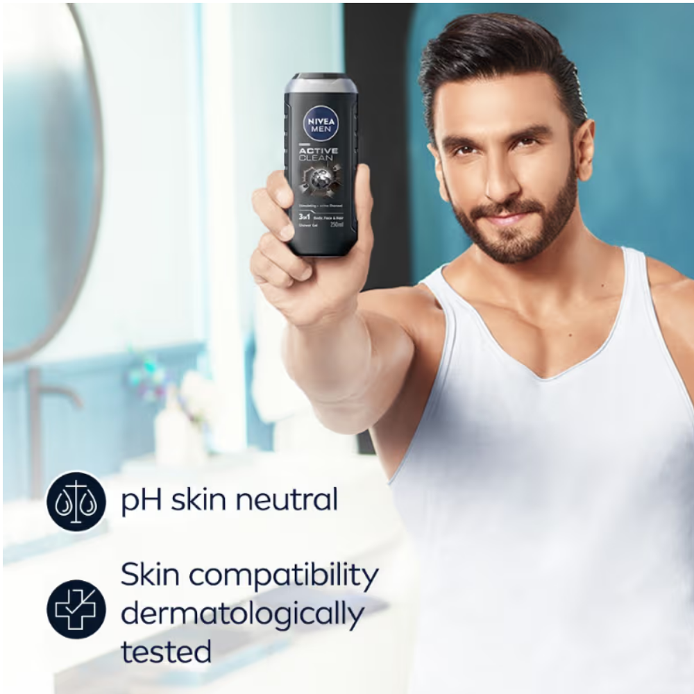 NIVEA MEN Body Wash, Active Clean with Active Charcoal, Shower Gel for Body, Face & Hair