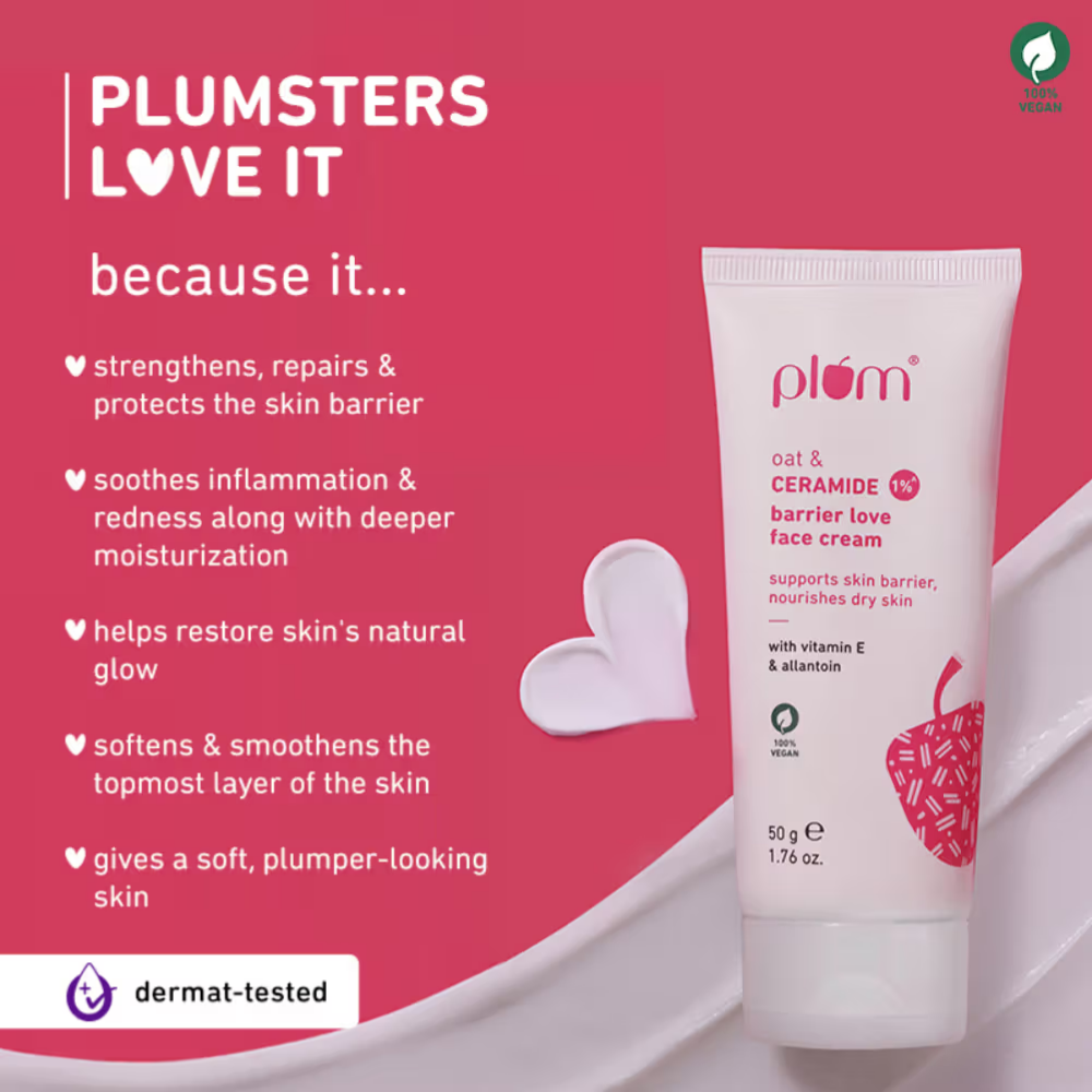 Plum 1% Ceramide Face Cream With Oat, Strengthens Skin Barrier & Nourishes