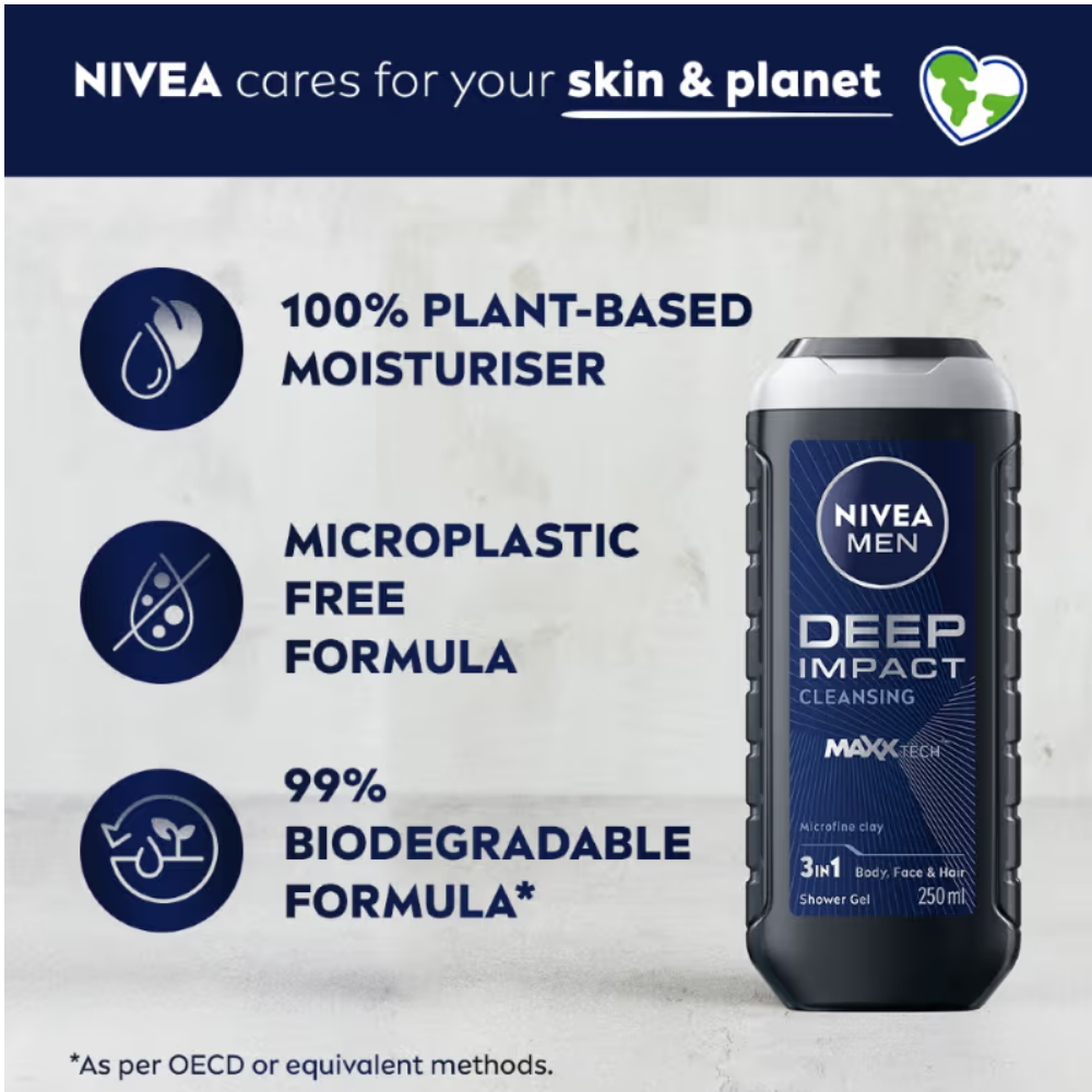 NIVEA MEN Body Wash, Deep Impact, 3 in 1 Shower Gel for Body, Face & Hair, with Microfine Clay