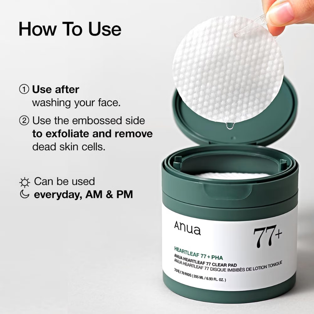 Anua Heartleaf 77 Clear Pad, Korean Toner Pad with PHA for Gentle Exfoliation & Pore Tightening