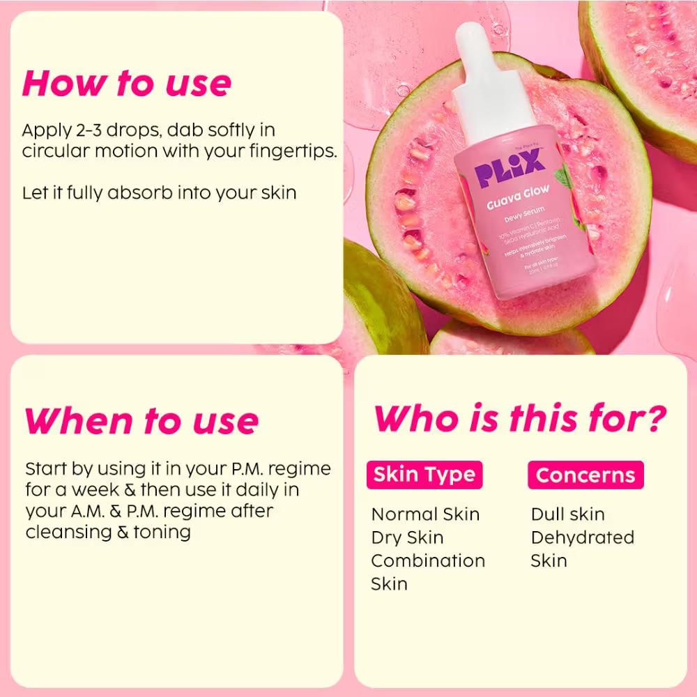 PLIX 10% Vitamin C Guava Face Serum for Skin Brightening & Even tone with Hyaluronic acid & Pentavitin