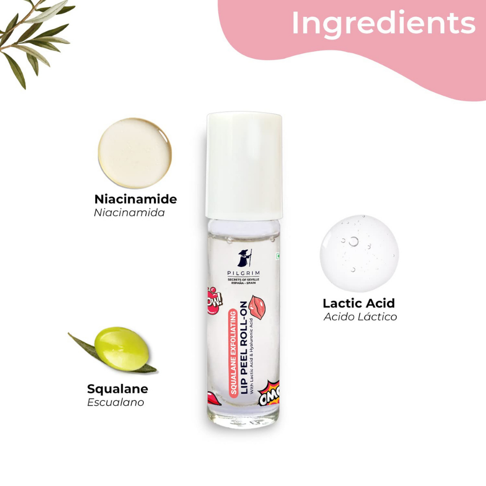 Pilgrim Spanish Squalane Lip Peel Roll-on with lactic acid & hyaluronic acid |Squalane exfoliating lip peel for soft & glossy lips
