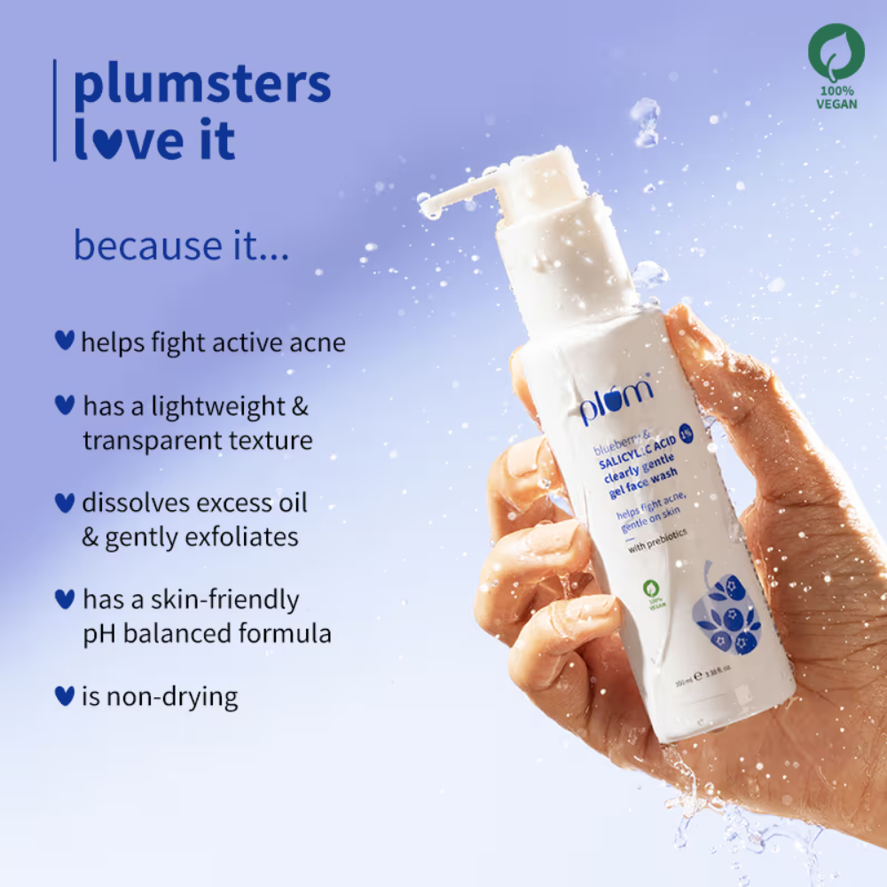 Plum 1% Salicylic Acid & Blueberry Clearly Gentle Gel Face Wash, For Acne Prone & Oily Skin