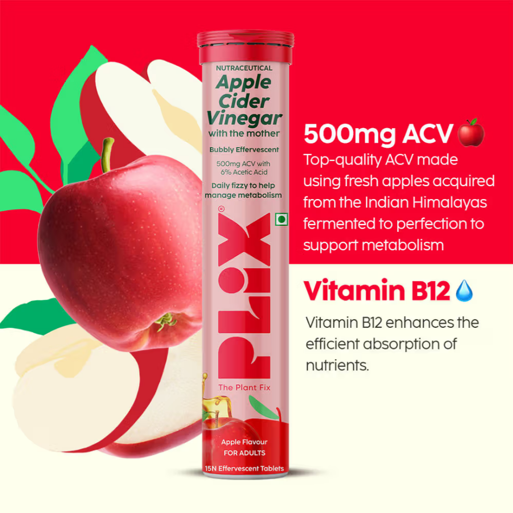 Plix Apple Cider Vinegar Effervescent Tablet with Vitamin B6 & B12 - Lemon Masala