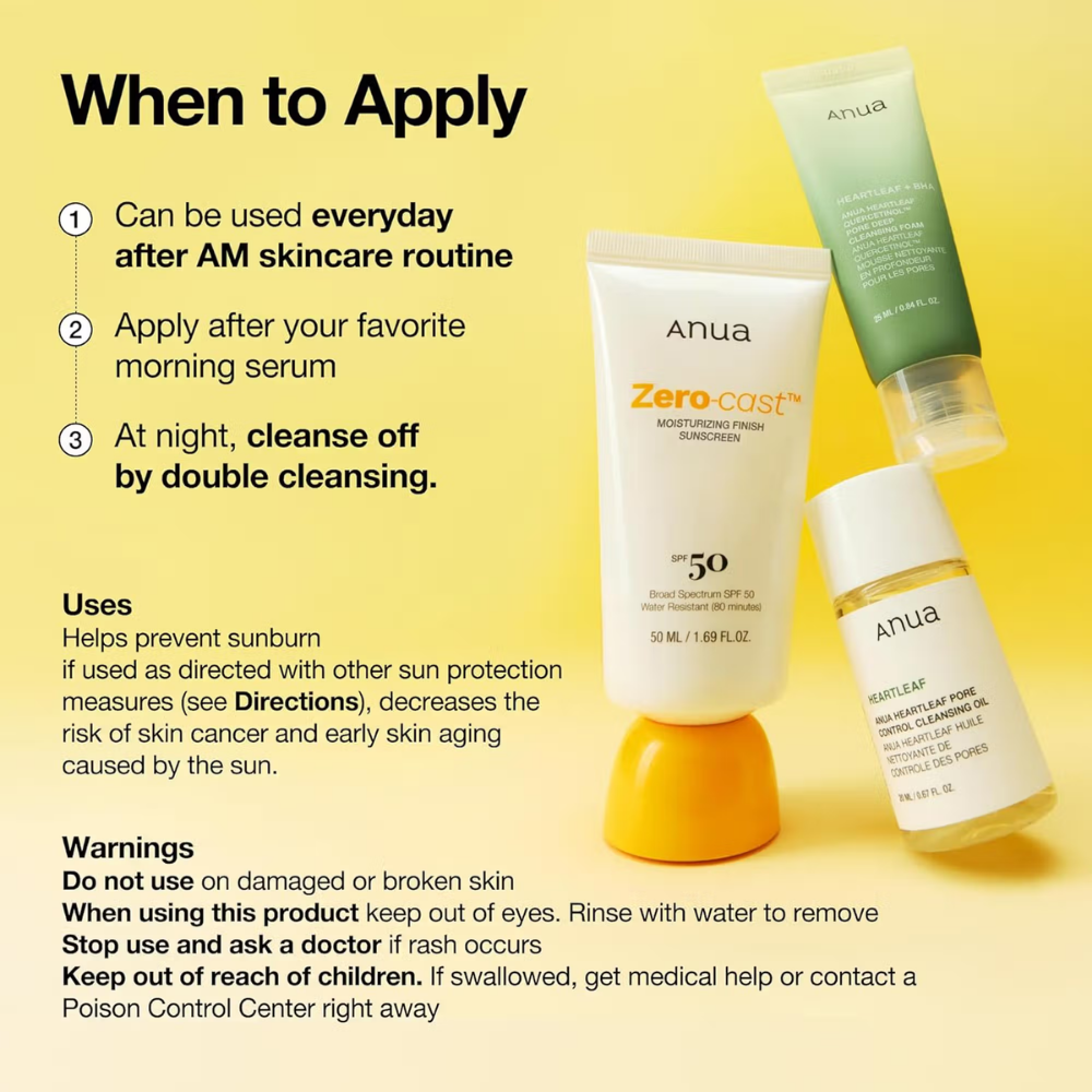 Anua Zero-Cast Moisturizing Finish Sunscreen SPF50+ PA++++