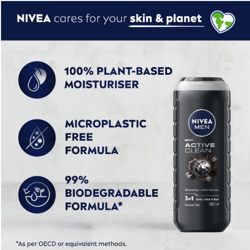 NIVEA MEN Body Wash, Active Clean with Active Charcoal, Shower Gel for Body, Face & Hair