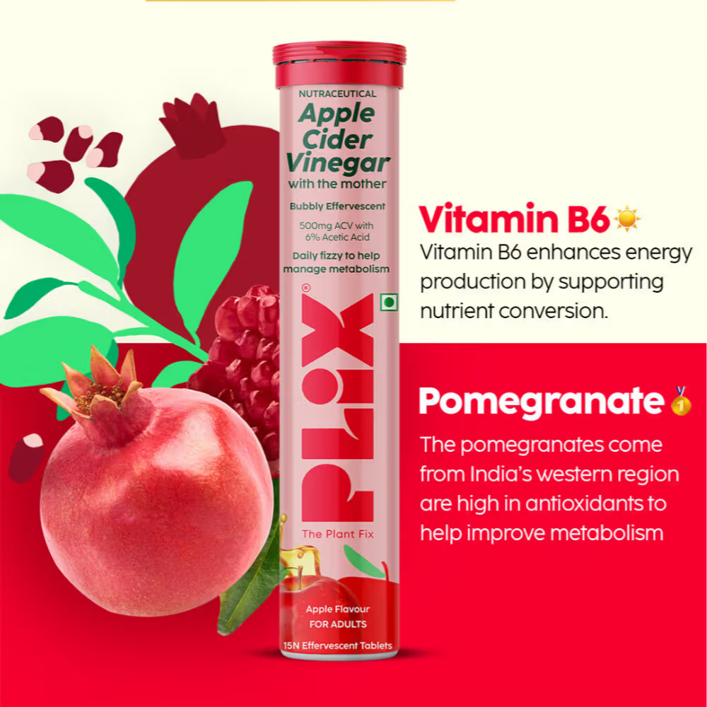 Plix Apple Cider Vinegar Effervescent Tablet with Vitamin B6 & B12 - Lemon Masala