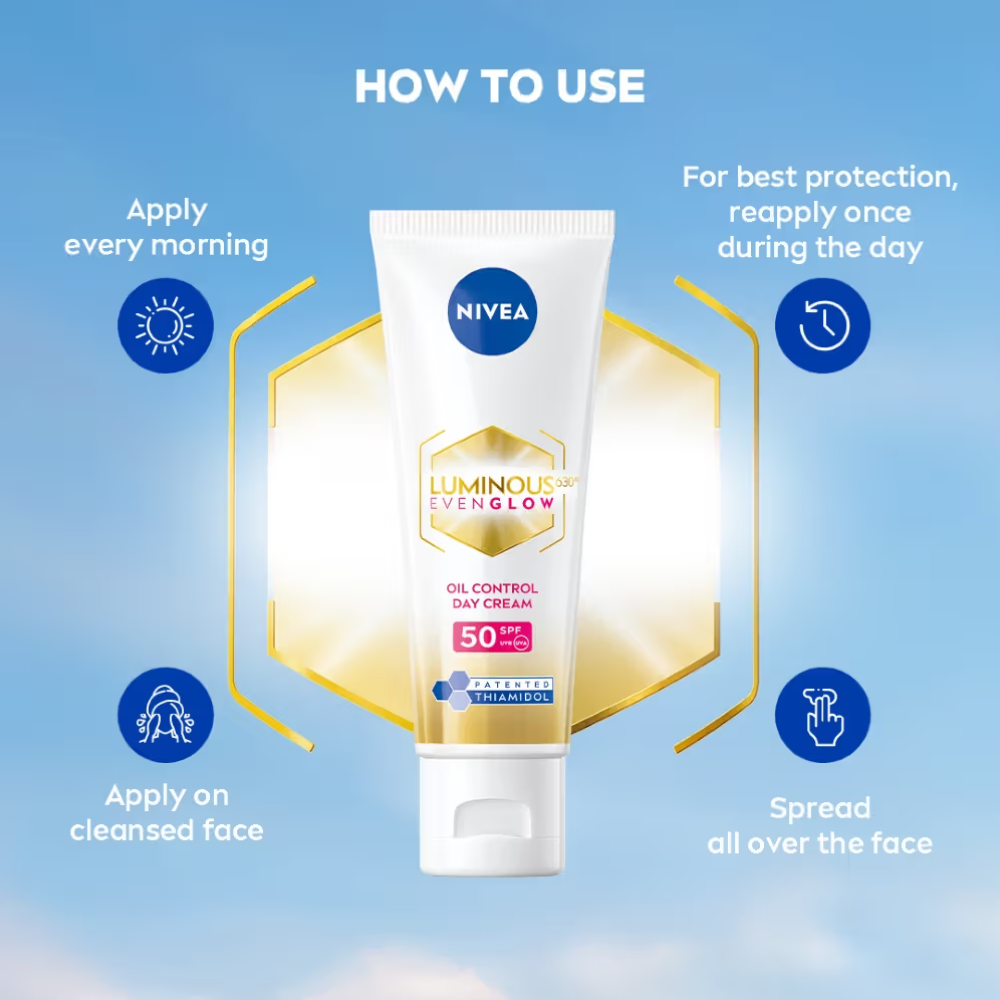 Nivea Luminous Even Glow Oil Control Day Cream Spf 50,Thiamidol Uv Protection & Reduces Dark Spots