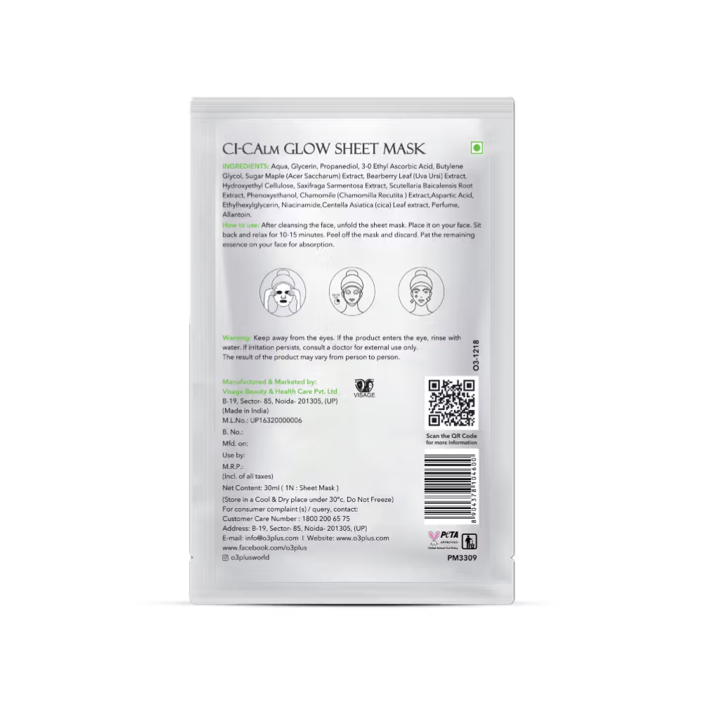 O3+ Ci-Calm Glow Sensitive Skin Sheet Mask with Ceramide for Barrier Repair & Anti Redness