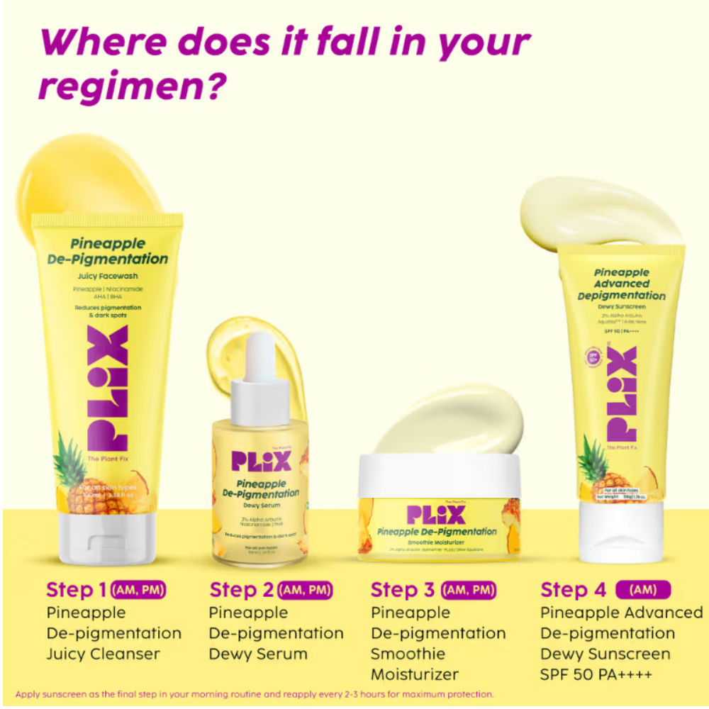 Plix Pineapple De-pigmentation Regime Facewash, Serum, Moisturizer & Sunscreen