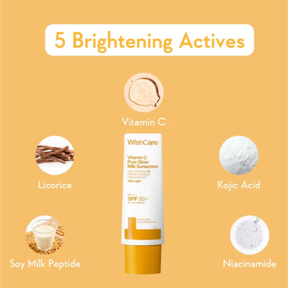 WishCare Vitamin C Pure Glow Brightening Face Sunscreen for Dry Skin with SPF50 PA++++In-Vivo Tested