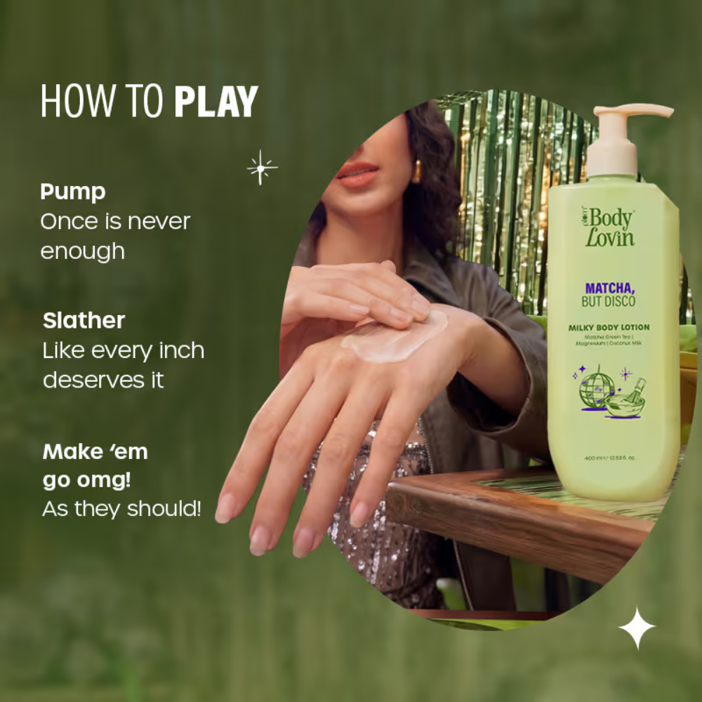 Plum BodyLovin’ Matcha, But Disco Milky Body Lotion, Calming Smoothening, Lactonic Matcha Fragrance
