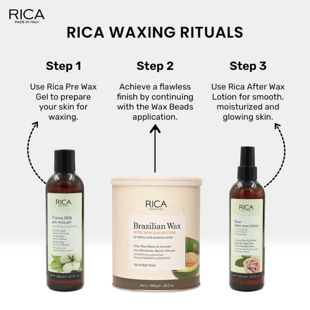 Rica Brazilian Wax with Pre and Post (Cotton Milk Pre and Aloe Vera After Wax Lotion) Combo