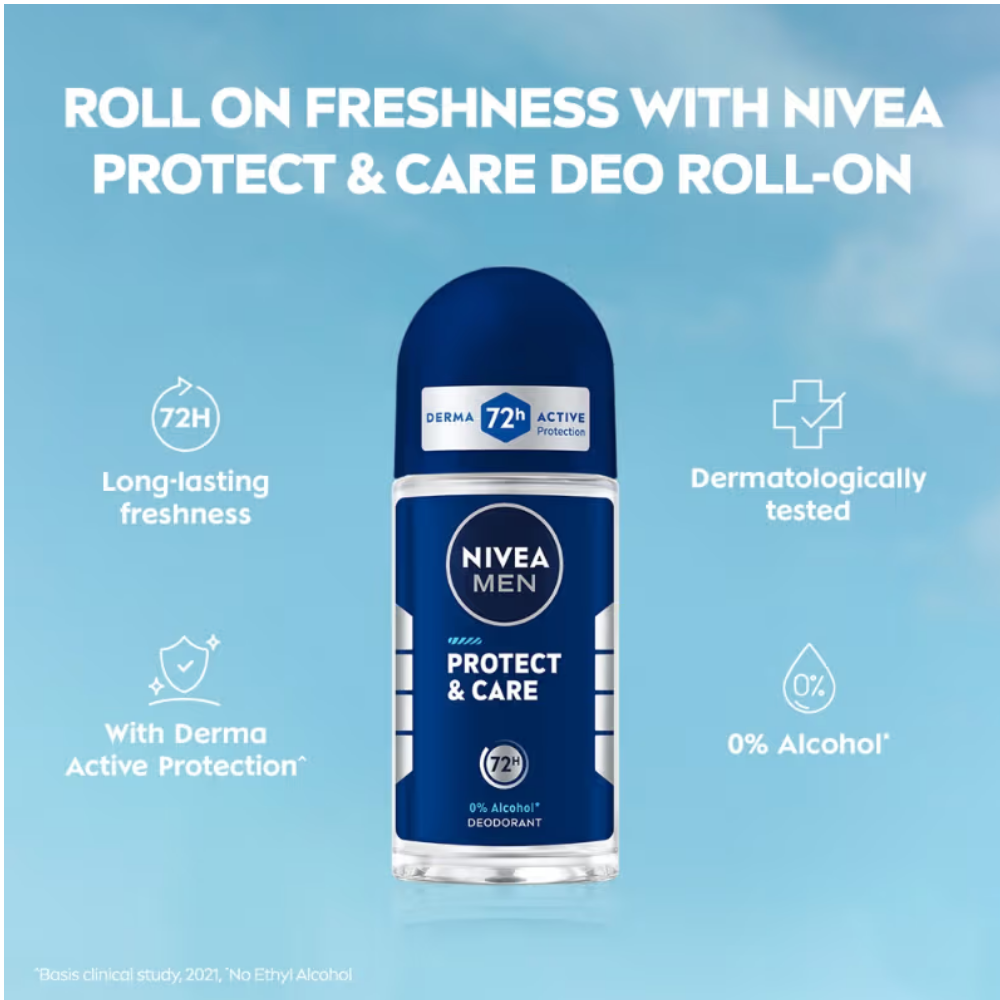 NIVEA MEN Deodorant Roll On, Protect & Care, No Skin Irritation & 48h Freshness